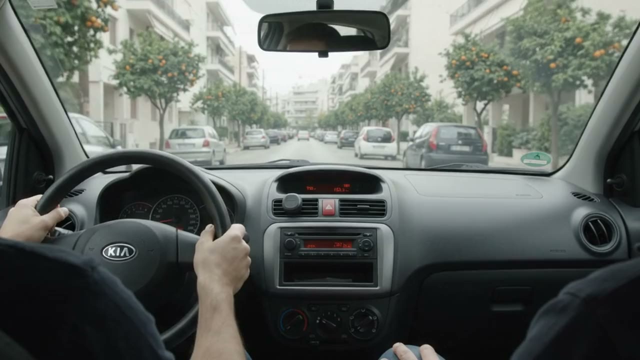 Μάθημα οδήγησης: ο μαθητής κρατάει το τιμόνι σε δρόμο της Αθήνας με νεραντζιές